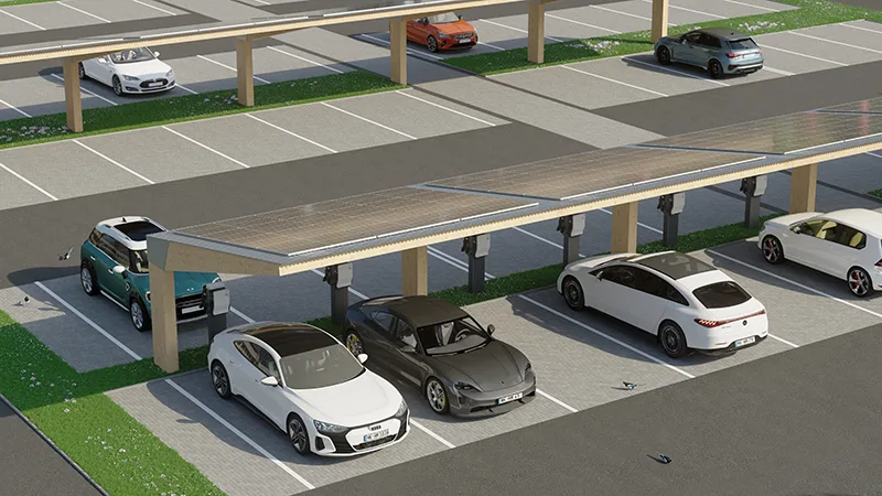 Carport mit Photovoltaik für großen Parkplatz
