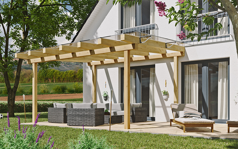 Terrassenüberdachung aus Holz mit Glasdach. Auf Wunsch mit Montage oder als Bausatz.