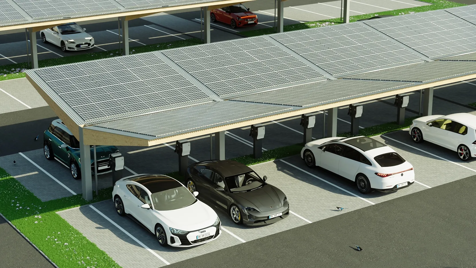 Photovoltaik-Carports für große Parkplätze